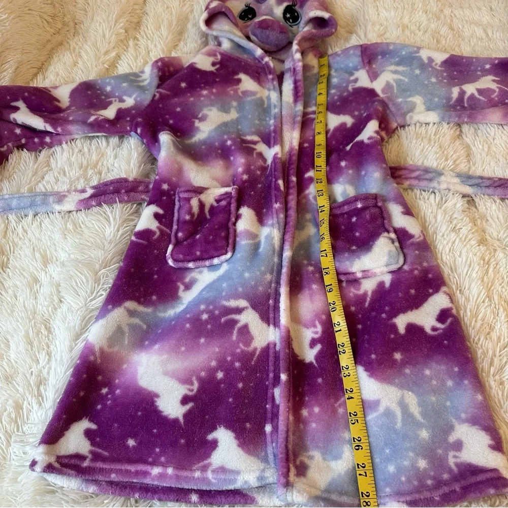 Girls Unicorn Hooded Plush Fleece Robe Purple Blue Galaxy Bathrobe Size 7/8
